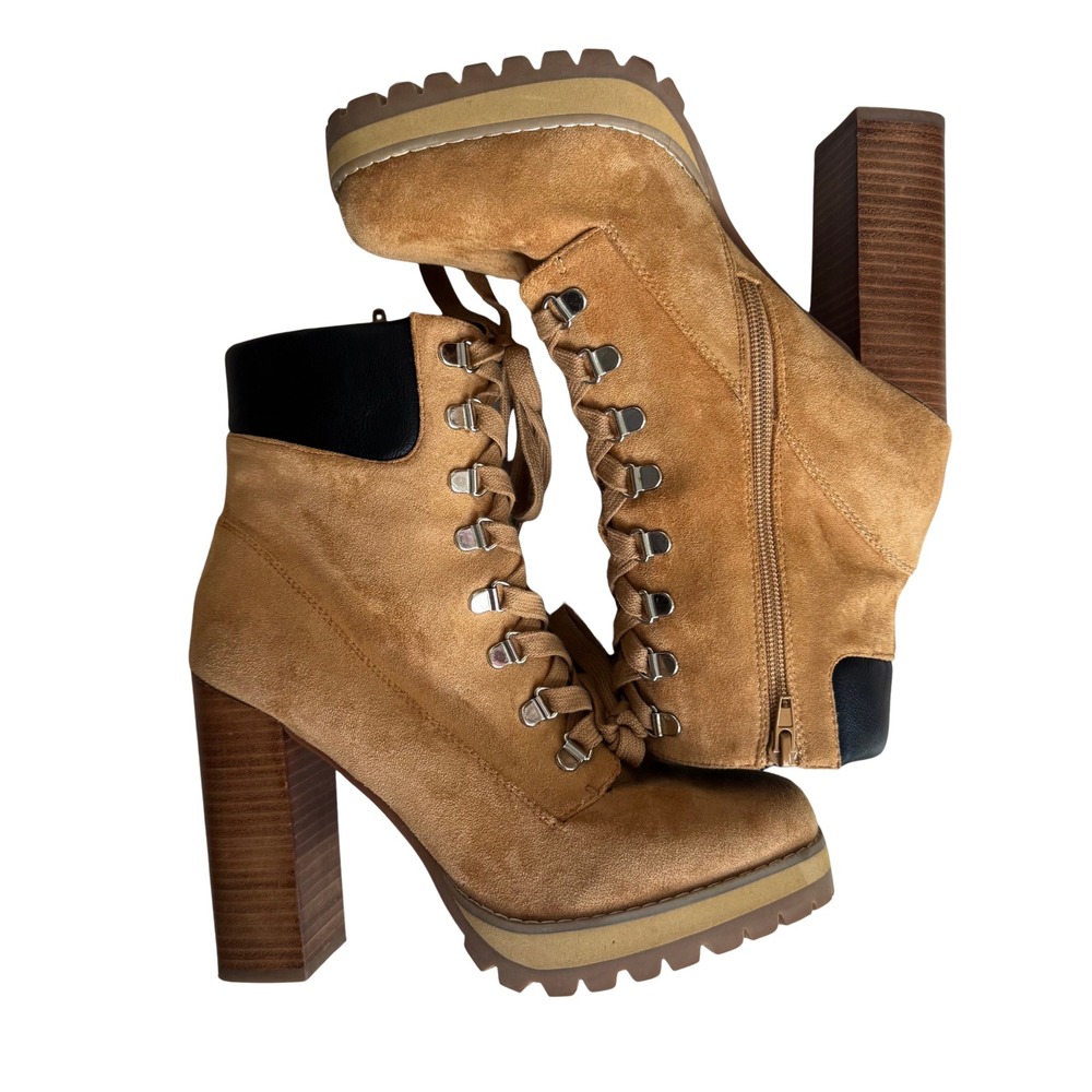 Steve Madden Tan Faux Suede Lace Up Lug Sole Platform Block Heel Boots Size 10